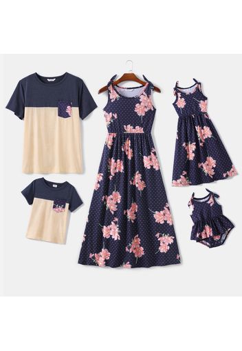 Family Matching All Over Floral Print Sleeveless Maxi Dresses and Colorblock Short-sleeve T-shirts Sets