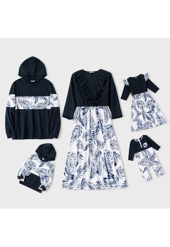 V-neck Solid Splice Plant Print and Hooded Long-sleeve Family Matching Dark Blue Sets