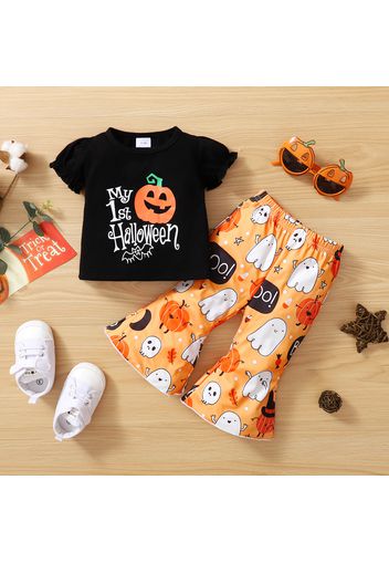 Baby 2pcs Halloween Letter and Pumpkin Print Short-sleeve T-shirt and Flared Pants Set