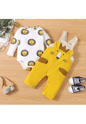 2pcs Baby Boy/Girl Cartoon Lion Print Long-sleeve Romper and Corduroy Overalls Set