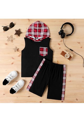 2pcs Kid Plaid Pocket Design Colorblock Sleeveless Hooded Tee and Elasticized Shorts Set