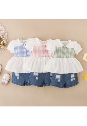 2pcs Baby Girl Cotton Ripped Denim Shorts and Plaid Splicing Peter Pan Collar Puff-sleeve Button Up Top Set