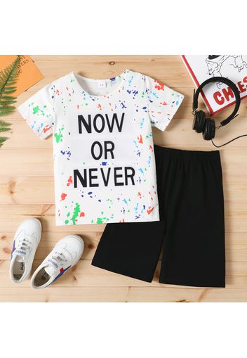 2pcs Kid Boy Letter Painting Print Short-sleeve Tee and Black Shorts Set