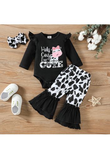 3pcs Baby Girl 95% Cotton Long-sleeve Letter Embroidered Romper and Cow Print Flared Pants with Headband Set