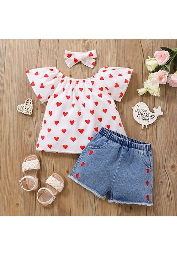 3pcs Toddler Girl Heart Print Short-sleeve Top and Denim Shorts & Headband Set