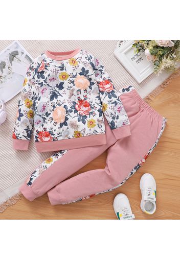 2-piece Kid Girl Floral Print Raglan Sleeve Sweatshirt and Colorblock Pants Set