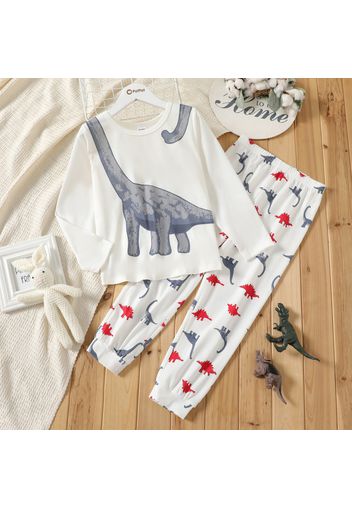 2-piece Kid Boy Animal Dinosaur Print Long-sleeve White Tee and Elasticized Pants Set