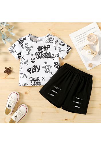 2-piece Toddler Boy Letter Print Short-sleeve Tee and Ripped Black Shorts Set