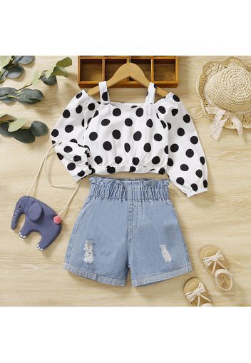 2pcs Toddler Girl Polka dots Cold Shoulder Long-sleeve Blouse and Ripped Denim Jeans Shorts Set