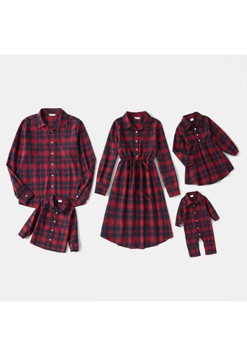 Red Plaid Collared Family Matching Sets(Front Buttons Long-sleeve Shirts or Midi Dresses)