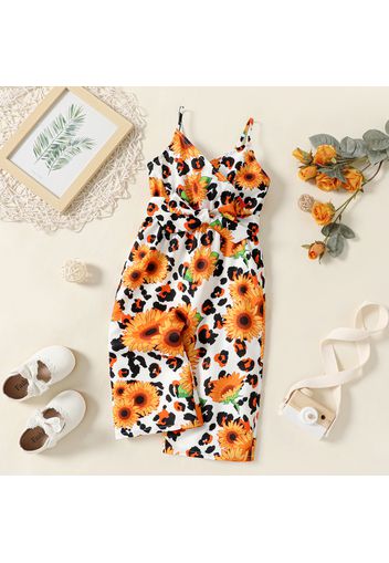 Toddler Girl Floral Sunflower Print Surplice Neck Slip Jumsuits