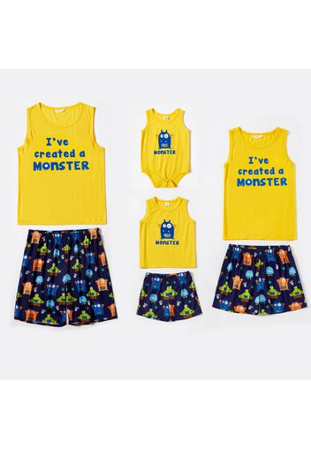 Letter and Cartoon Monster Pattern Family Matching Pajamas Sets（Flame Resistant）