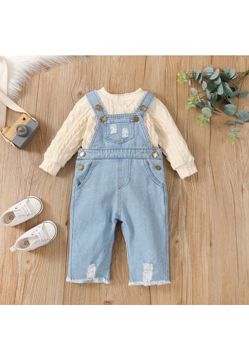 2pcs Baby Long-sleeve Cotton Knitted Sweater and Denim Overalls Set