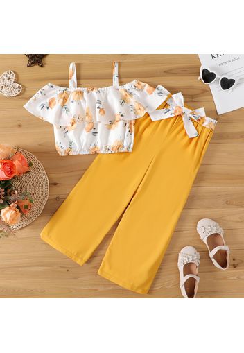 2pcs Kid Girl Floral Print Flounce Camisole and Belted Yellow Wide Leg Pants Set