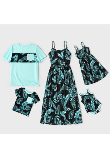 Family Matching All Over Plant Print Spaghetti Strap Midi Dresses and Splicing Short-sleeve T-shirts Sets