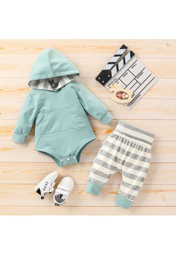 2pcs Solid Long-sleeve Hooded Romper and Stripe Trouser Baby Set