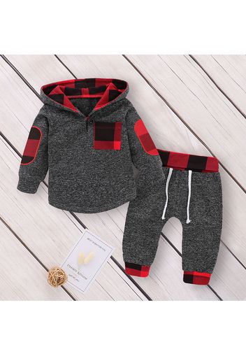 2pcs Hooded Plaid Print Long-sleeve Baby Set