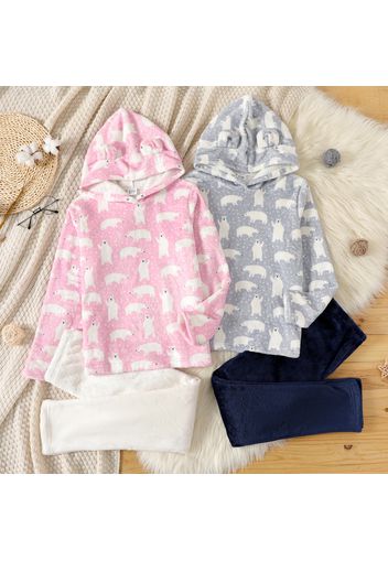 2-piece Kid Girl Animal Bear Pattern Fuzzy Hoodie Sweatshirt and Solid Color Leggings Set