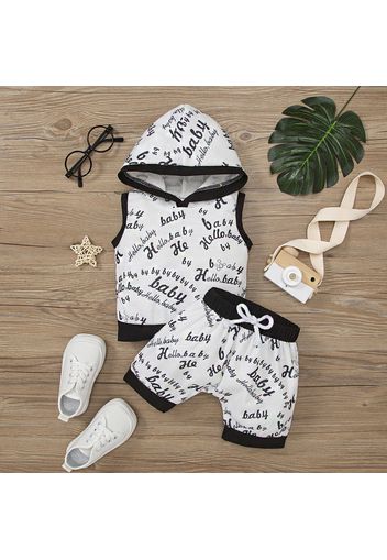 2pcs Baby Boy/Girl All Over Letter Print Waffle Hooded Tank Top and Shorts Set