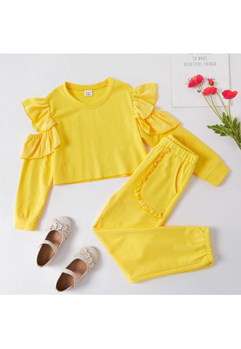 2-piece Kid Girl Cold Shoulder Flounce Flutter-sleeve Top and Ruffle Pocket Pants Solid Sweet Set