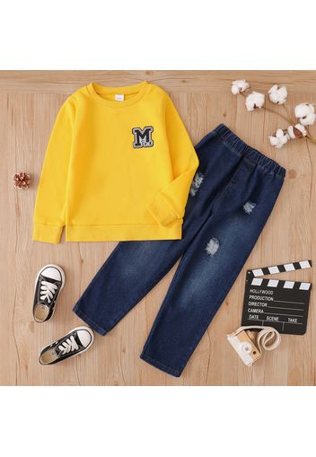 2-piece Kid Boy Letter Embroidered Sweatshirt and Ripped Denim Jeans Set