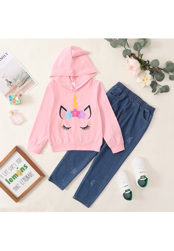 2-piece Kid Girl Animal Unicorn Print Hoodie Sweatshirt and Denim Jeans Set