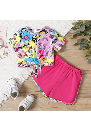 2pcs Baby Girl Allover Cartoon Print Knot Front Short-sleeve T-shirt and Shorts Set