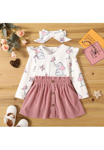 3-piece Toddler Girl Elephant Print Ruffled Long-sleeve Top, Button Design Paperbag Pink Skirt and Headband Set