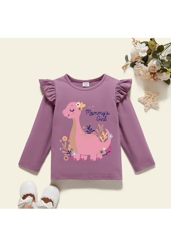 Toddler Girl Graphics Dinosaur and Plant and Letter Print Ruffled Long-sleeve Tee