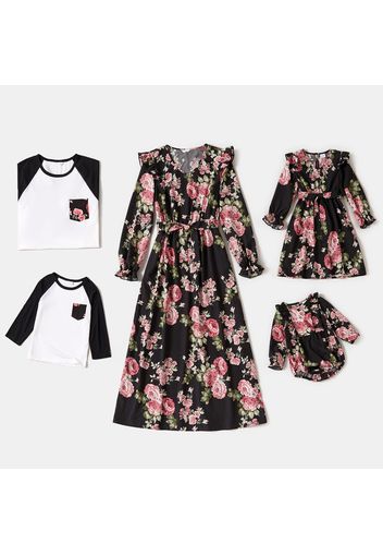 Floral Print Family Matching Sets(Long-sleeve Dresses and Raglan-sleeve T-shirts)