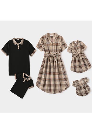 Family Matching Plaid Lapel Short-sleeve Dresses and Splicing Polo Shirts Sets