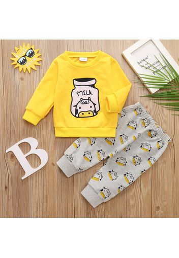 2pcs Baby Boy Cartoon Cow Pattern Yellow Long-sleeve Sweatshirt and Trousers Set