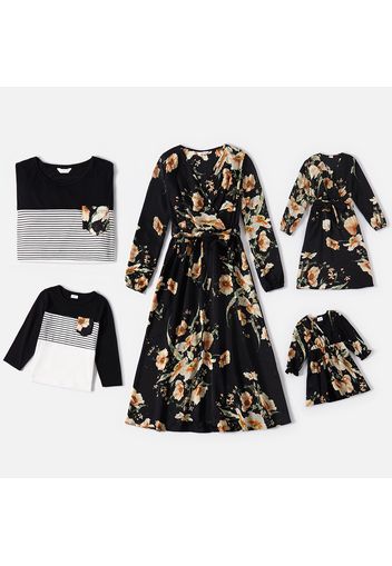 Floral Print Black Family Matching Sets(V Neck Long-sleeve Belted Dresses and Striped Splicing Long Sleeve T-shirts)