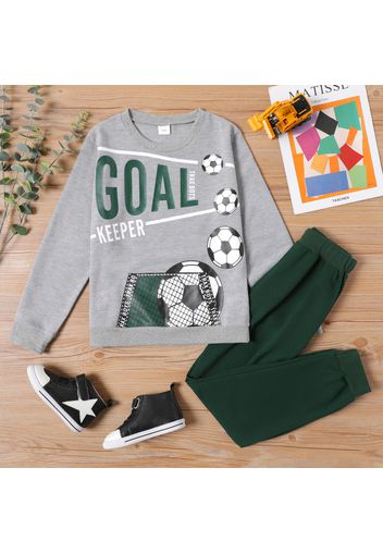 2-piece Kid Boy Letter Football Print Long-sleeve Gray Top and Dark Green Pants Set