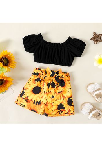 2pcs Baby Girl 100% Cotton Puff-sleeve Crop Top and Allover Sunflower Print Belted Shorts Set