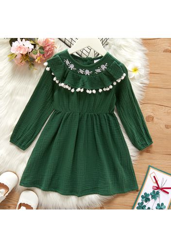 Toddler Girl 100% Cotton Floral Embroidered Flounce Pompom Design Long-sleeve Dress