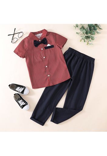 2pcs Kid Boy Bow tie Design Lapel Collar Stripe Short-sleeve Shirt and Elasticized Pants Gentleman Party Set