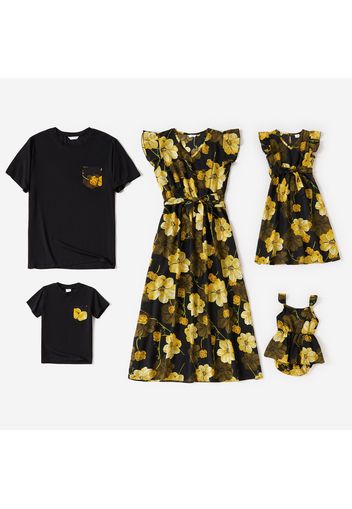 Floral Print Short-sleeve Family Matching Sets(Yellow Ruffle Sleeve V-neck Dresses)