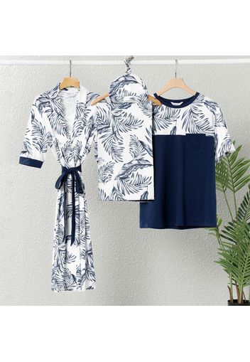 Family Matching Allover Plants Print Half-sleeve Robe Swaddle Hat and Splicing T-shirt Sets