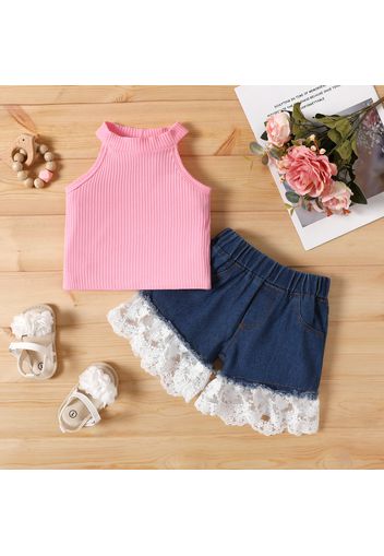 2pcs Baby Girl 95% Cotton Denim Splice Lace Shorts Ribbed Tank Top Set