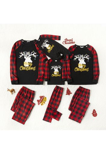 Christmas Deer and Print Family Matching Plaid Long-sleeve Pajamas Sets (Flame Resistant)