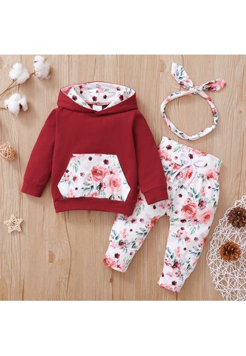 3pcs Floral Print Hooded Long-sleeve Baby Set