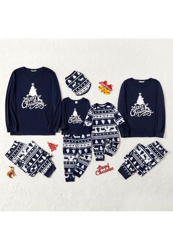 Christmas Tree Reindeer and Letter Print Blue Family Matching Long-sleeve Pajamas Sets (Flame Resistant)