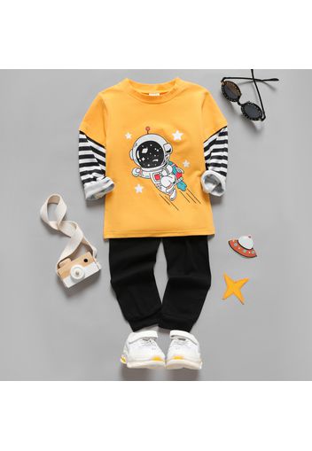 2-piece Toddler Boy Astronaut Print Stripe Long-sleeve Top and Black Pants Set