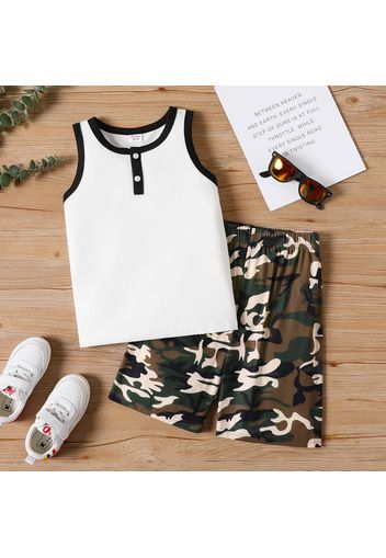 2pcs Kid Boy Henley Collar Tank Top and Camouflage Print Shorts Set