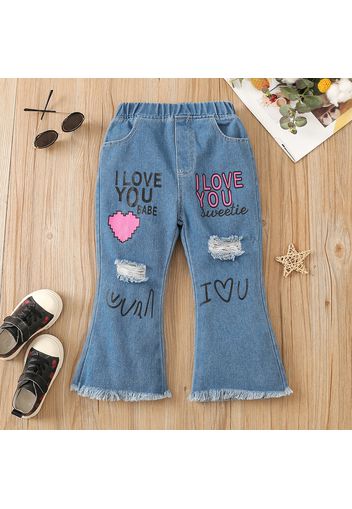 Toddler Girl Letter Print Flared Ripped Denim Jeans