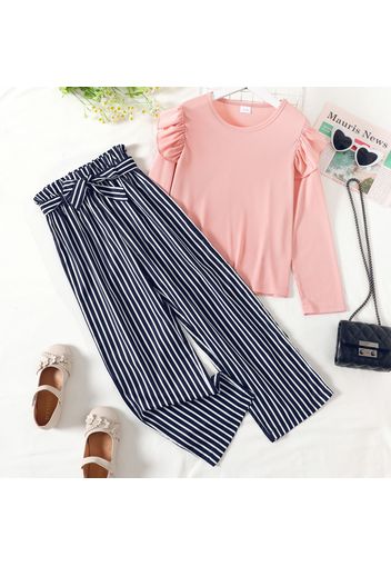 2-piece Kid Girl Ruffled Long-sleeve Ribbed Pink Top and Stripe Belted Paperbag Straight Pants Set