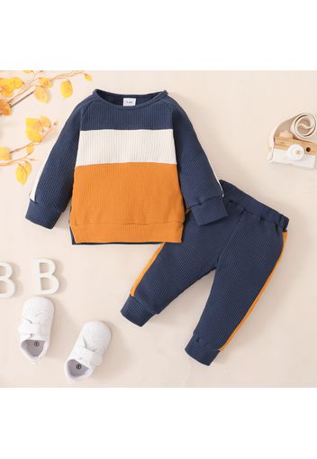 2pcs Baby Boy/Girl Color Block Waffle Long-sleeve Sweatshirt and Track Pants Set