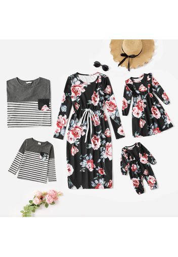 Family Matching All Over Floral Long-sleeve Dresses and Striped Splicing T-shirts Sets