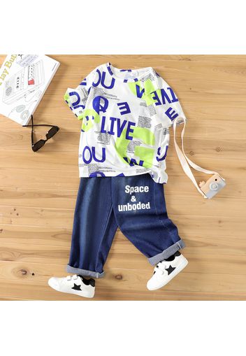 2pcs Kid Boy Letter Print Short-sleeve Tee and Elasticized Denim Jeans Set